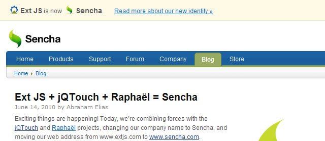 Ext JS + jQTouch + Raphaël = Sencha  (JavaScript Framework and RIA Platform)