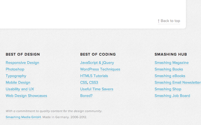 popular footer links for Smashing Magazine design writing