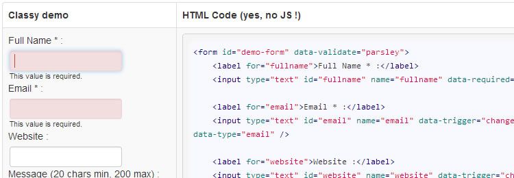 Parsley.js form validation jquery plugin validating with Javascript data attributes embedded DOM function