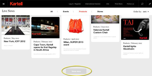 the Kartell Live News page below provides a Show More button once the page loads a specified amount of articles