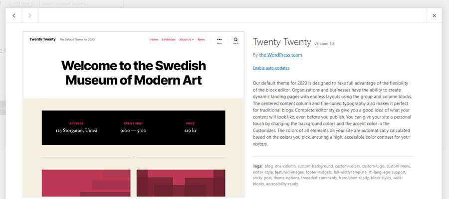 WordPress Twenty Twenty Theme Screen