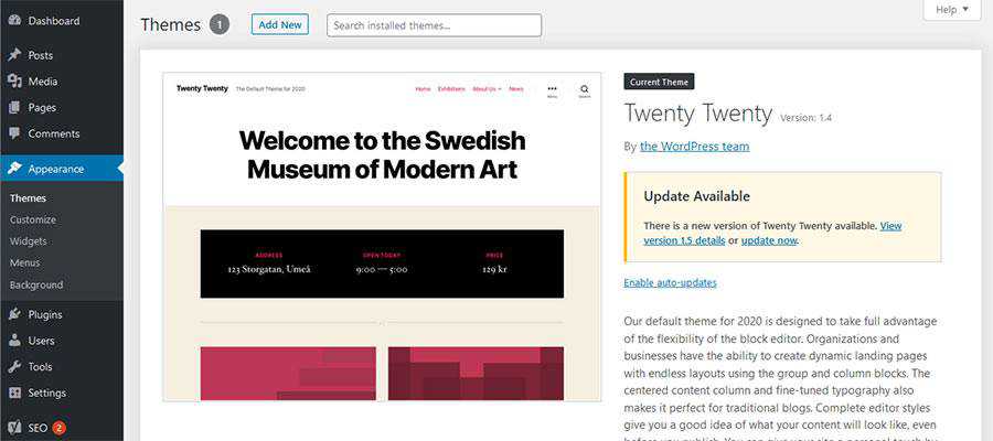 WordPress Themes screen.