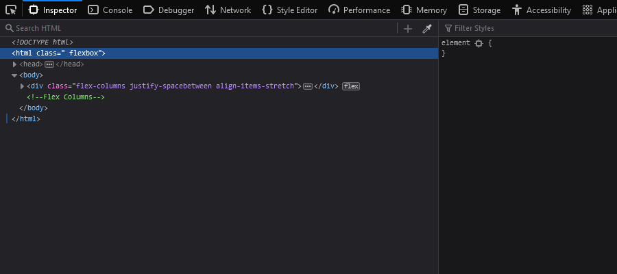 Firefox Developer Tools displaying CSS Flexbox support.