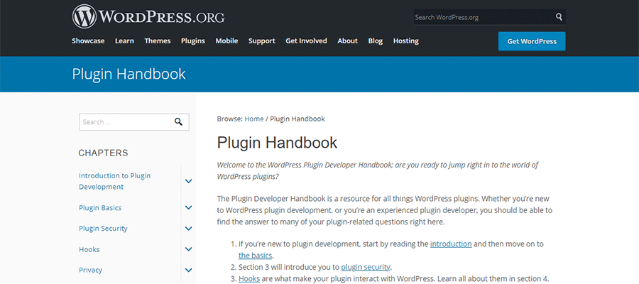 The WordPress Plugin Handbook home page.