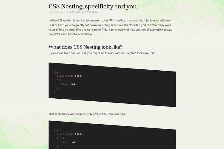 Example from CSS Nesting, specificity and you