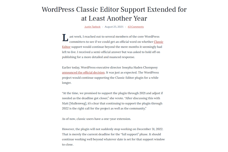  Example from WordPress Classic Editor Support Extended for a minimum of Another Year