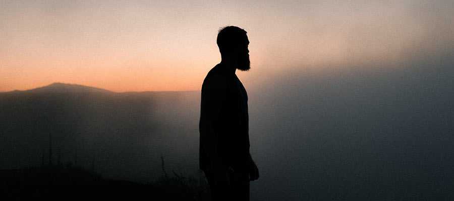 A person standing in a foggy field.