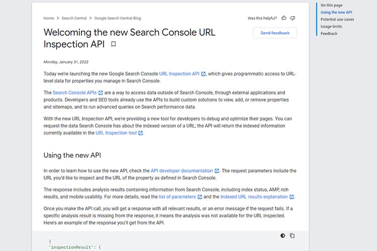 Example from Welcoming the new Search Console URL Inspection API