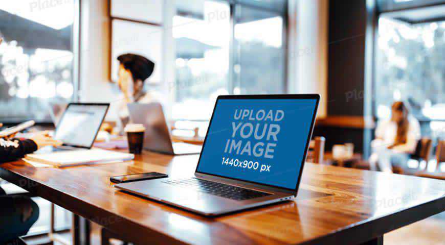 MacBook Pro on Coffee Shop Table Photoshop PSD Mockup Template