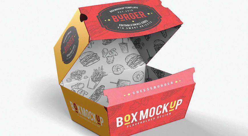 Takeaway Packaging Hamburger Box Photoshop PSD Mockup Template