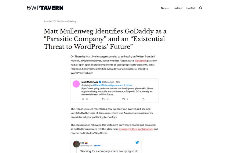 Example from Matt Mullenweg Identifies GoDaddy as a “Parasitic Company” and an “Existential Threat to WordPress’ Future”