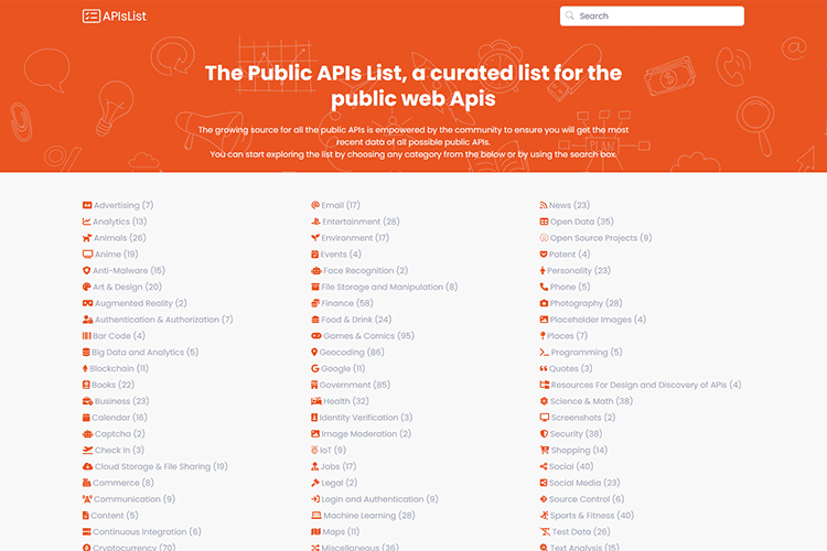 Ejemplo de la lista de API públicas