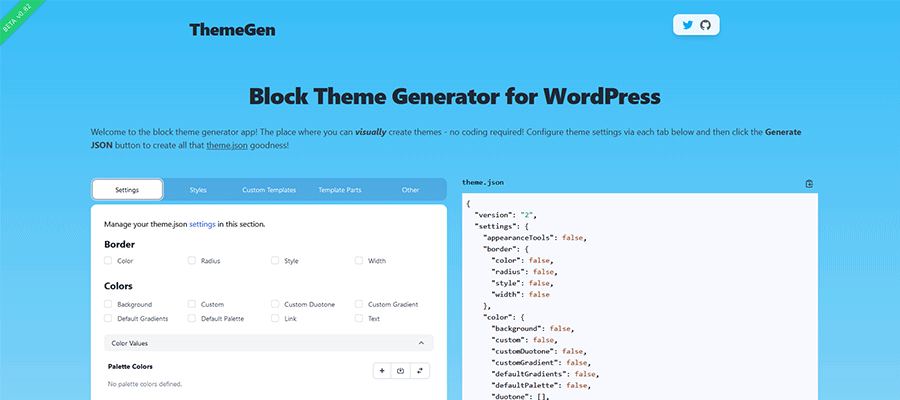 The ThemeGen tool helps you create a custom theme.json file.