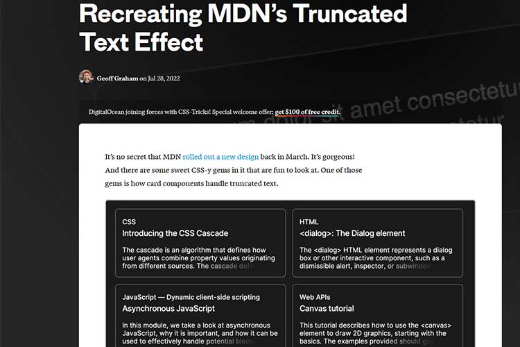 Ejemplo de la recreación del efecto de texto truncado de MDN