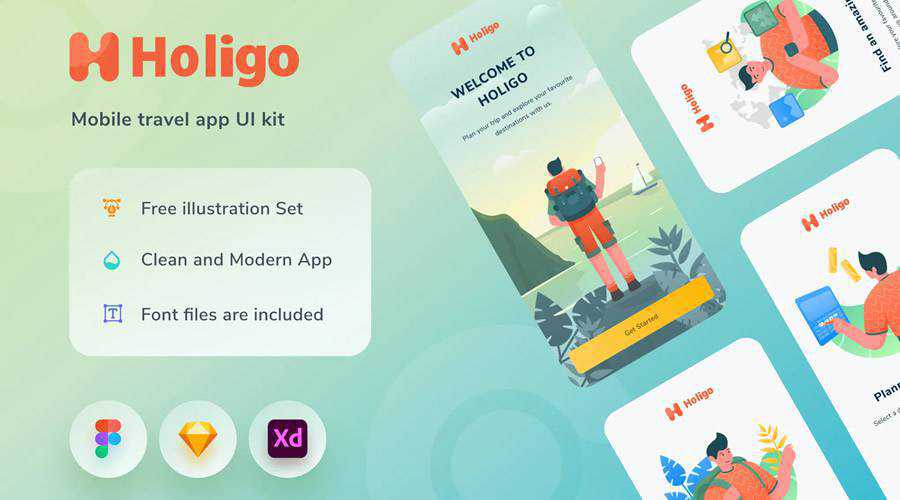 Holigo free mobile app ui kit Adobe XD Figma Sketch ios android