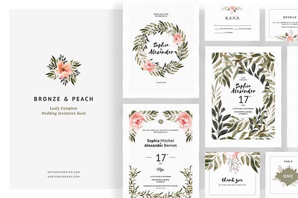 Bronze & Peach Wedding Invitations Template PSD