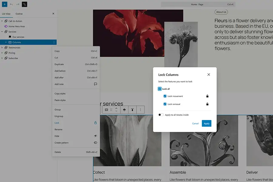 Bloquear el diseño de un bloque permite a los usuarios cambiar el contenido, pero no el diseño.