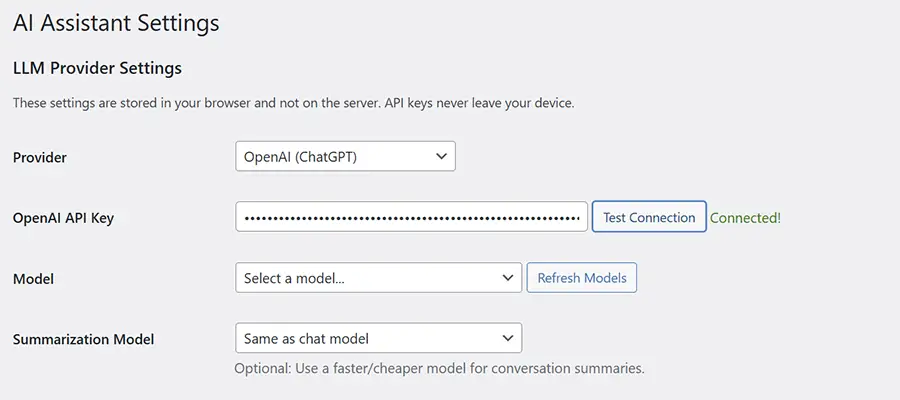 The AI Assistant Settings screen