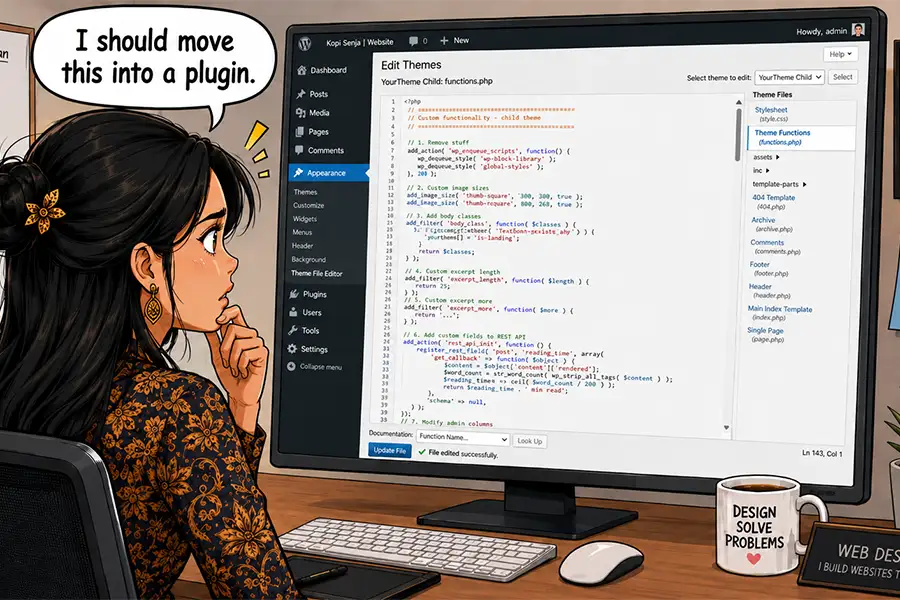 Keep track of any custom code - it could be critical to the site's functionality.