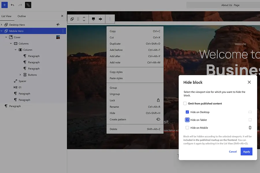 Our mobile hero area is now hidden on desktop and tablet devices.